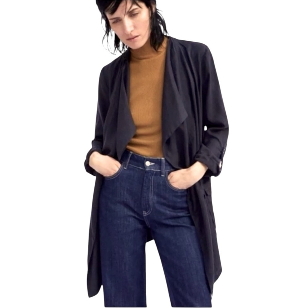 Zara Outerwear M Lightweight Drawstring Belted Button Up Dark Blue Trench Coat